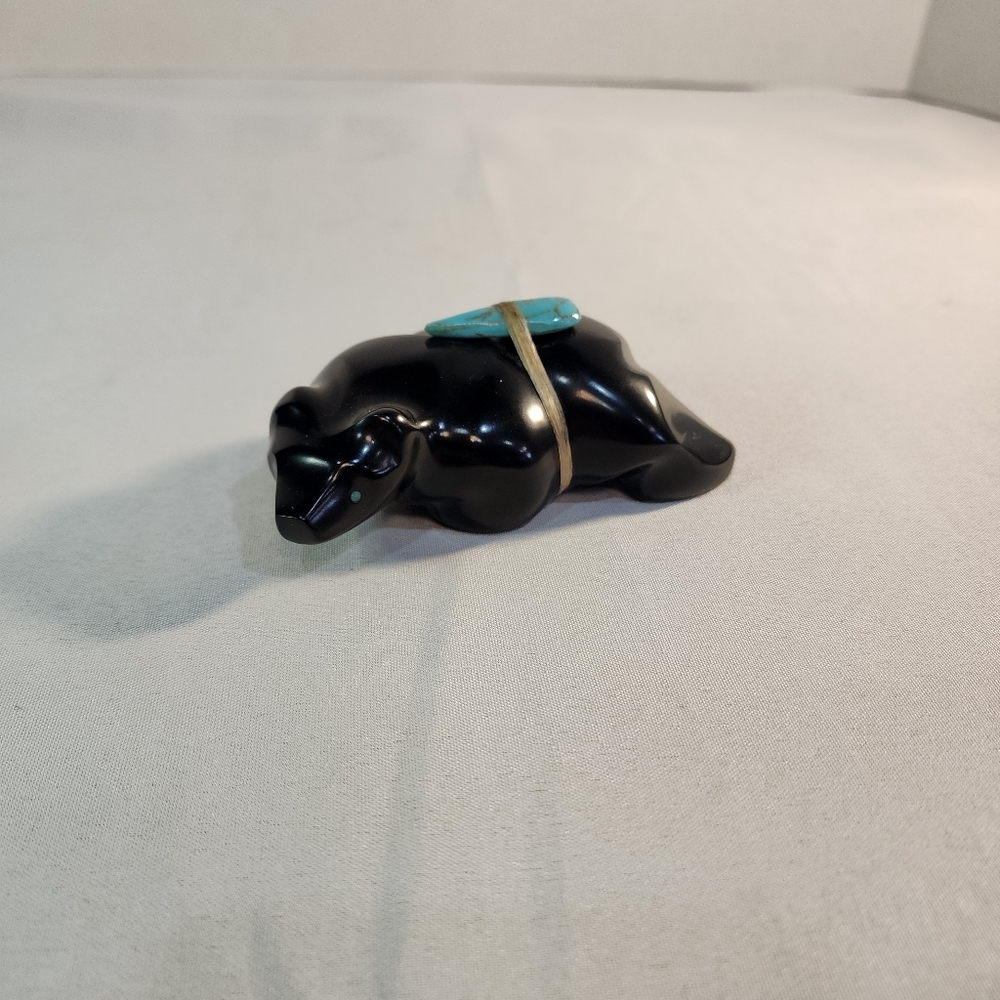 Zuni Fetish Bear Carved from Black Stone by Herbert Halate with Turquoise